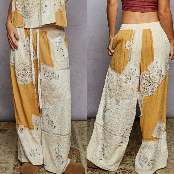 🎶🕊️POL Vintage-Inspired Patchwork Cotton Pants – Boho Lace & Embroidery Detail - Picture 2 of 15